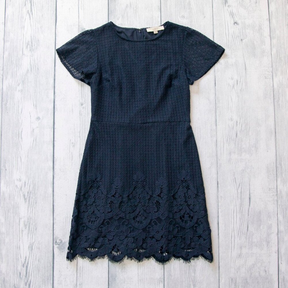 Loft Women's Lace Sheath Dress Navy Floral, Size 4